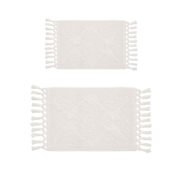 Ricardo White Cotton Fringe 17 in. x 31 in. /21 in. x 41 in. 2-Piece Bath Rug Set in Ivory