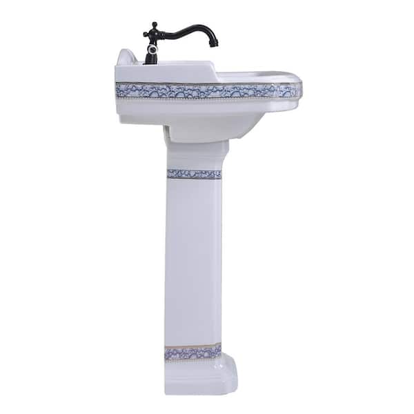 India Reserve 22-7/8 in. Pedestal Combo Bathroom Sink in White Vessel Sink Basin with Blue and Gold Design Overflow