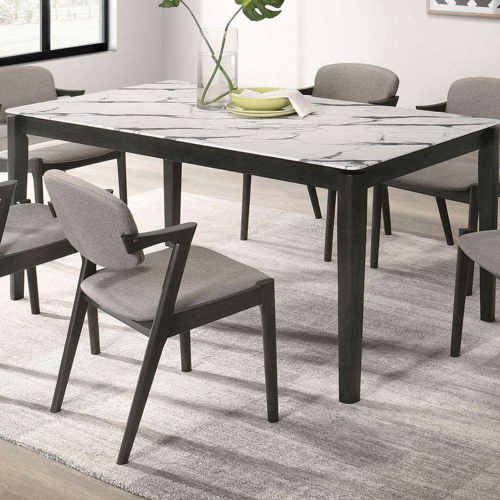 White Faux Marble Top Rectangular Dining Table with Black Legs