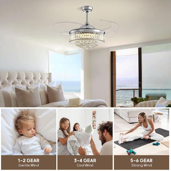 48 in. Indoor Modern Chrome Crystal Chandelier Ceiling Fan with Dimmable LED Lights with Remote Included