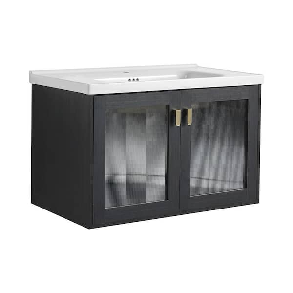 31.90 in. W Floating Wall-Mounted Bath Vanity in Black Chestnut with White Ceramic Top