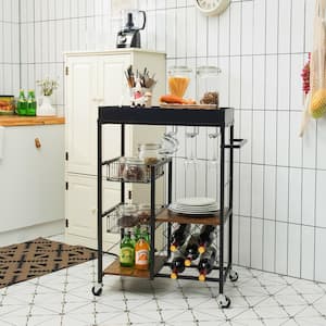 Black and Oak Industrial Vintage Style Mobile Bar Kitchen Cart Wood Metal  Serving Trolley LNN-SY110502785 - The Home Depot