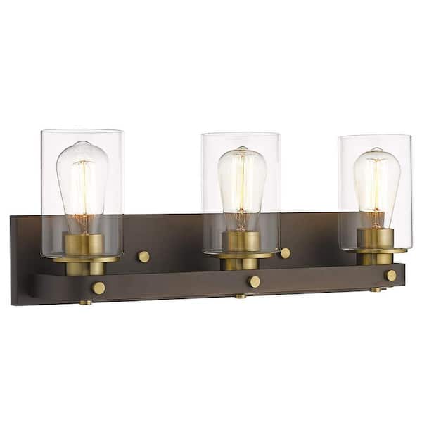 JAZAVA 21.5 in. 3-Light Oil Rubbed Bronze and Gold Vanity Light Over Mirror with Clear Glass Shade Bathroom Light