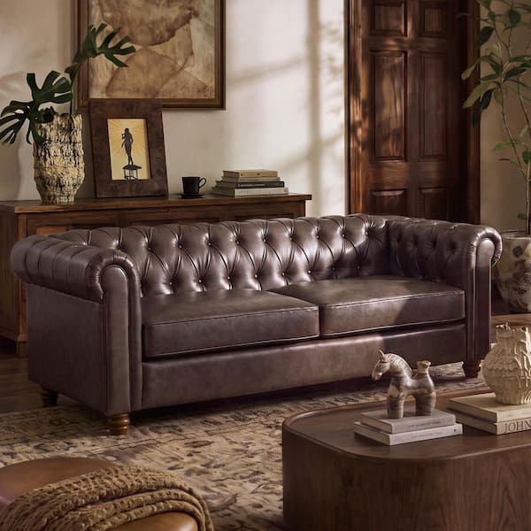 83 in. Wide Chesterfield Rolled Arm Faux Leather Vintage Square Sofa with Button‑Tufted Back in Espresso
