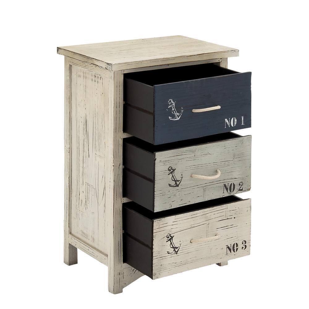 White and Blue Wood Nautical Night Table with Rope Handles