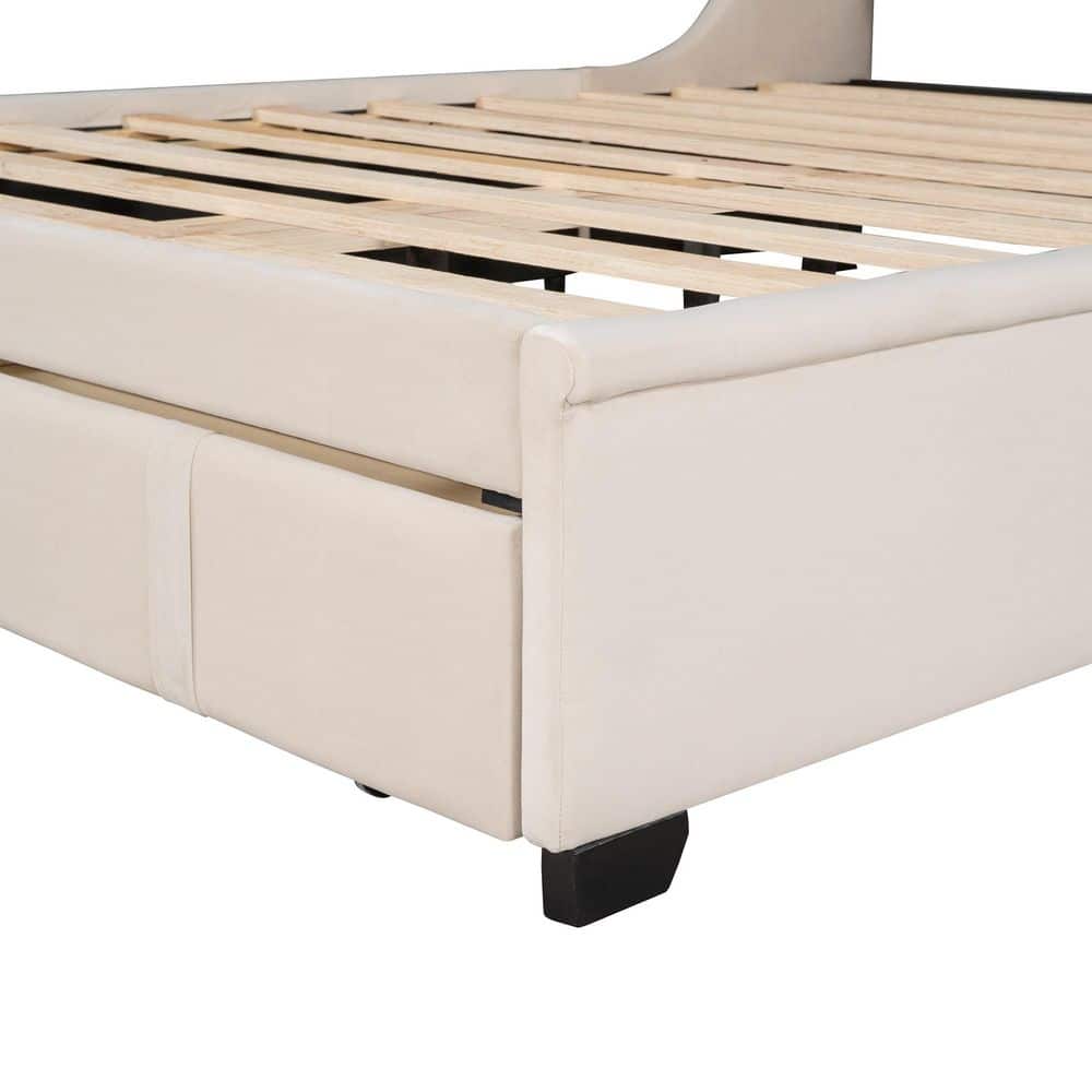 Beige Velvet Upholstered Queen Platform Bed with Storage Drawer