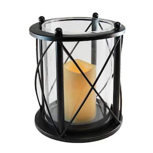 7.5 in. x 8.25 in. Black Round CrissCross Metal Lantern with LED Candle