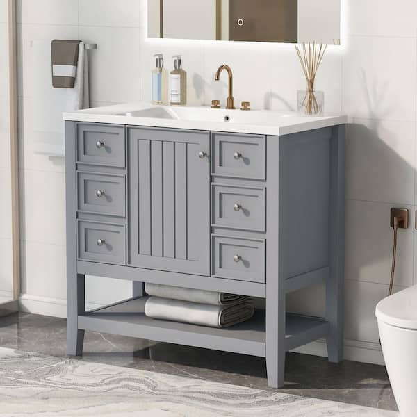 FAMYYT 36 in. W x 18 in. D x 34 in. H Single Sink Solid Wood Frame Bath Vanity in Gray with White Ceramic Top, Adjustable Shelf