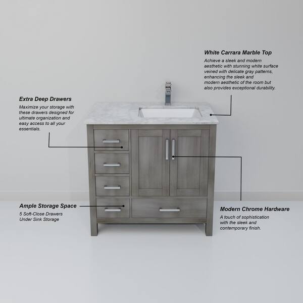 Lexora Jacques 36 in. W x 22 in. D Right Offset Distressed Grey