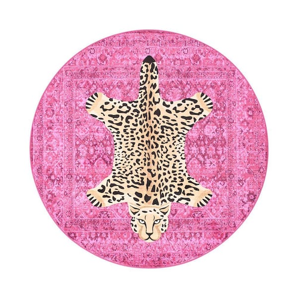 JUICY COUTURE Medallion Hot Pink Leopard 4 ft. Round Woven Animal