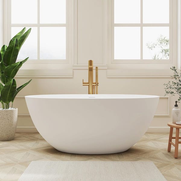 Verna 55 in. x 30 in. Stone Resin Freestanding Soaking Bathtub in White