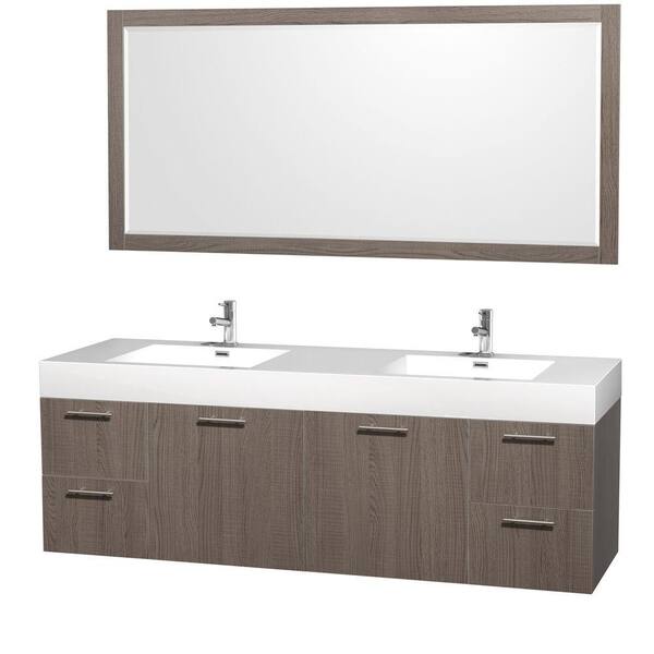 Wyndham Collection Amare 72 in. Double Vanity in Grey Oak with Acrylic-Resin Vanity Top in White and Integrated Sink