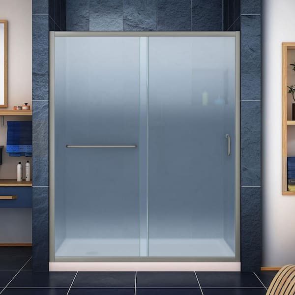 DreamLine Infinity-Z 32 in. x 60 in. Semi-Frameless Sliding Shower Door in Brushed Nickel with Left Drain Shower Base in Biscuit