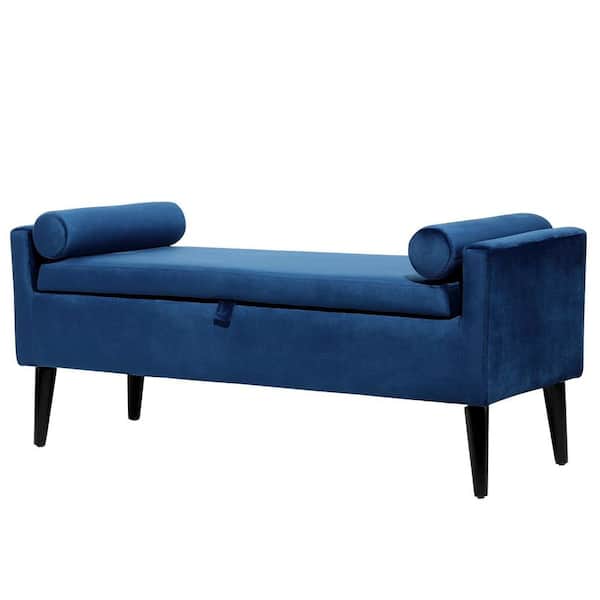 DAZONE Upholstered Flip Top Storage Bench with 2-Round Bolster Pillows Velvet Blue 19.3 in. H x 47 in. W x 17.3 in. D