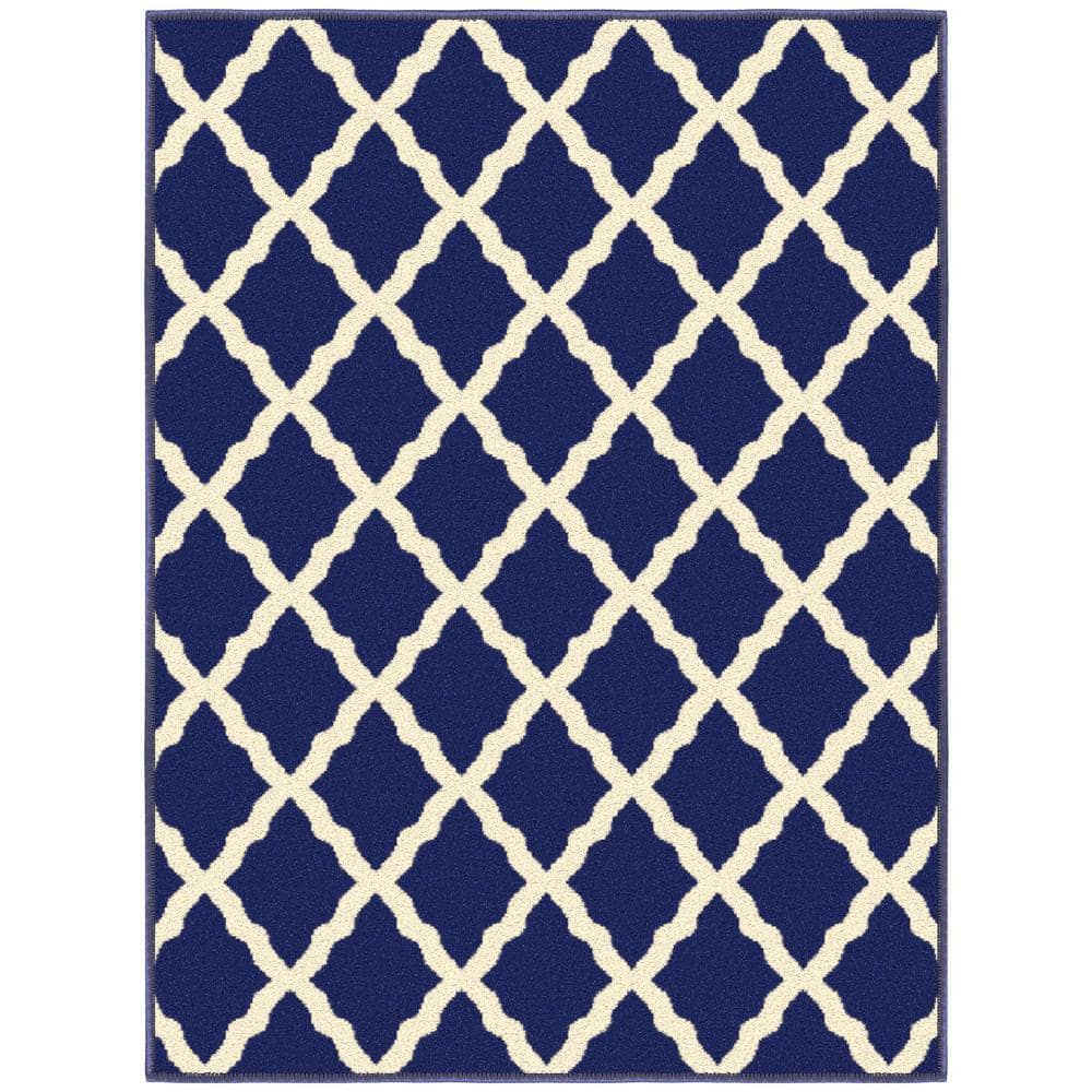 Navy and Ivory Synthetic Trellis Non-Slip Area Rug, 2'3" x 3'