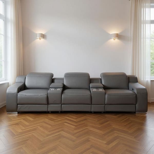 129.00 in. Straight Arm Leather Curved Sofa Gray