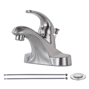 Modern 4 in. Centerset Low Arc Single Handle Bathroom Faucet with Lift Rod Drain Kit in Brushed Nickel