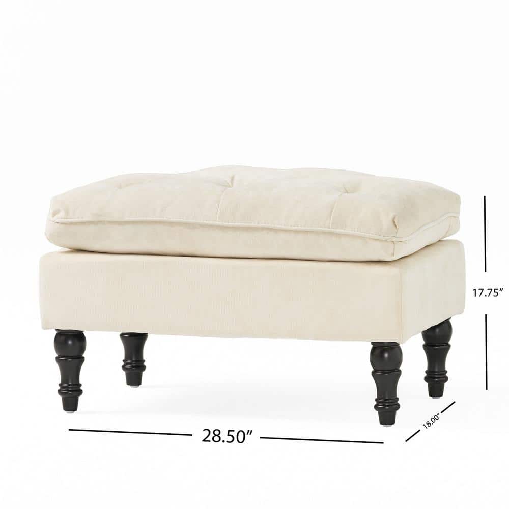 Cream Tufted Fabric and Wood Rectangular Ottoman