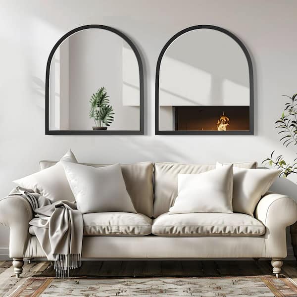Lirago 31 in. W x 35 in. H Classic Arch Solid Wood Framed Wall Mounted Mirror Vanity Mirror in Black Set of 2