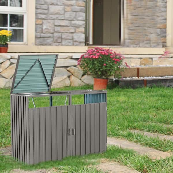 Image showcasing 45 cu. ft. Stainless Steel Metal Outdoor Trash Can Shed with Cover for ...