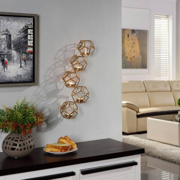 DANYA B Sparkling Gold Metal Polyhedron Vertical Wall Candle Sconce