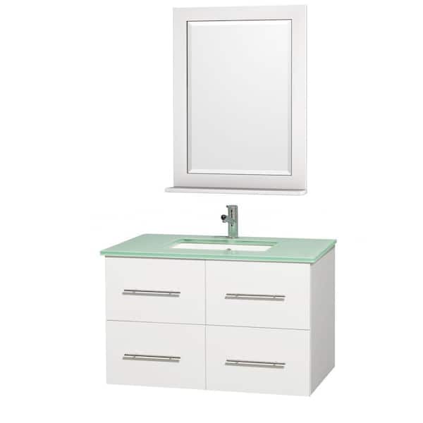 Wyndham Collection Centra 36 in. Vanity in White with Glass Vanity Top in Aqua and Square Porcelain Undermounted Sink