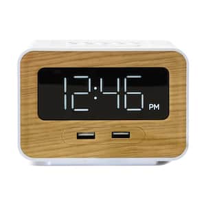 Dual Ports USB Charging Station in White with Digital Display Alarm Clock and Built-In Battery Backup