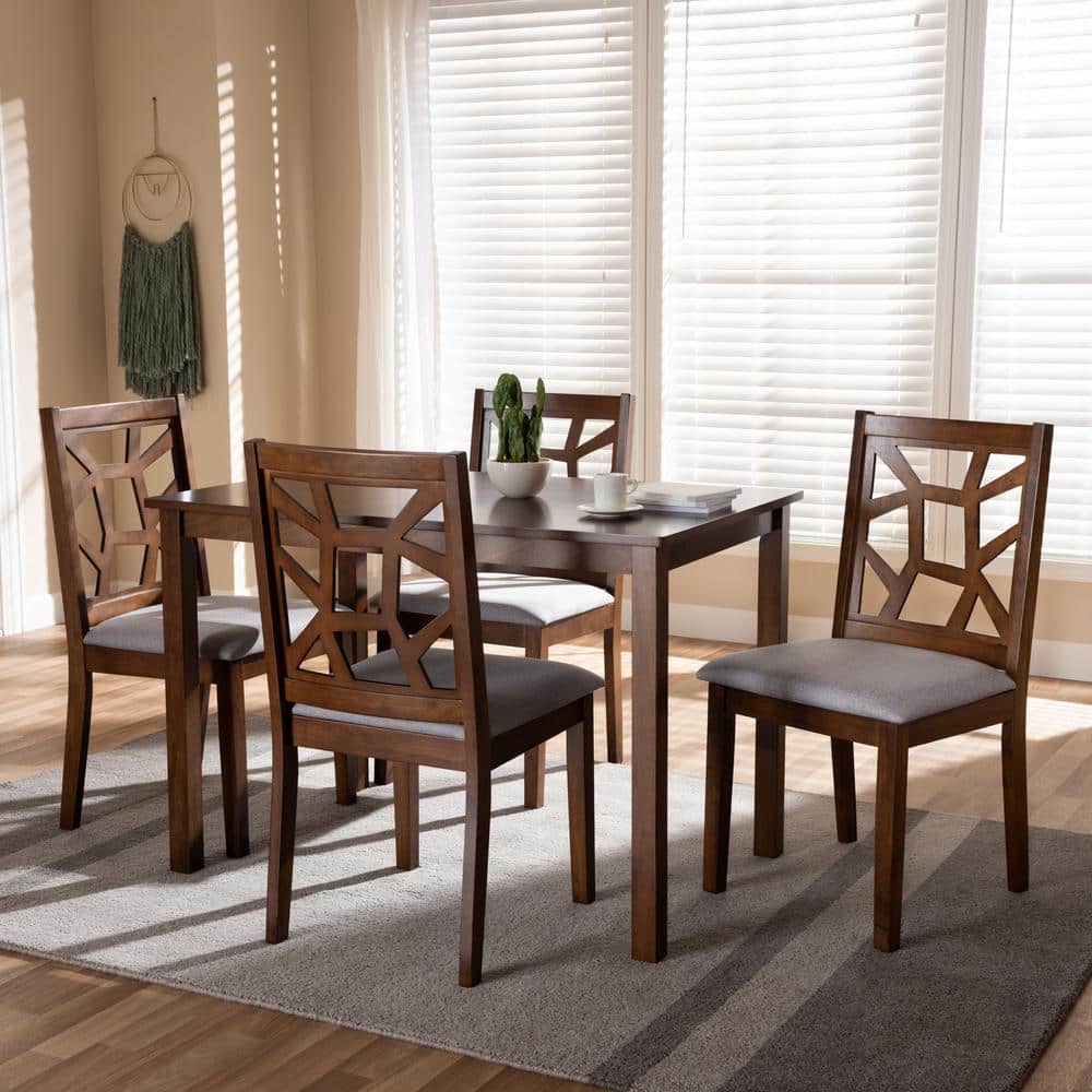Mid-Century Walnut and Grey Fabric 5-Piece Dining Set