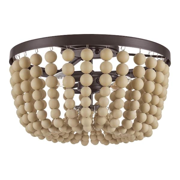 Hampton Bay Cayman 13 in. 2-Light Bronze and Faux Wood Beaded Flush Mount Ceiling Light Fixture with Beaded Shade