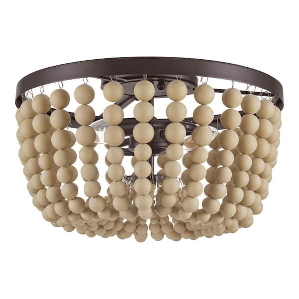 Cayman 13 in. 2-Light Bronze and Faux Wood Beaded Flush Mount Ceiling Light Fixture with Beaded Shade