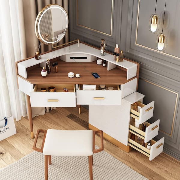  LVSOMT Makeup Vanity Desk Set with Lighted Mirror, Makeup Vanity  with Drawers, Vanity Table for Bedroom (Brown) : Home & Kitchen