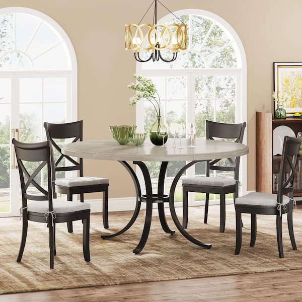 BYBLIGHT Roesler Farmhouse Gray Engineered Wood 47.2 in. Pedestal Round Dining Table Seats 4