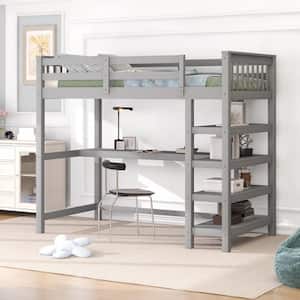 Gray Twin Size Loft Bed with Storage Shelves and Under-Bed Desk