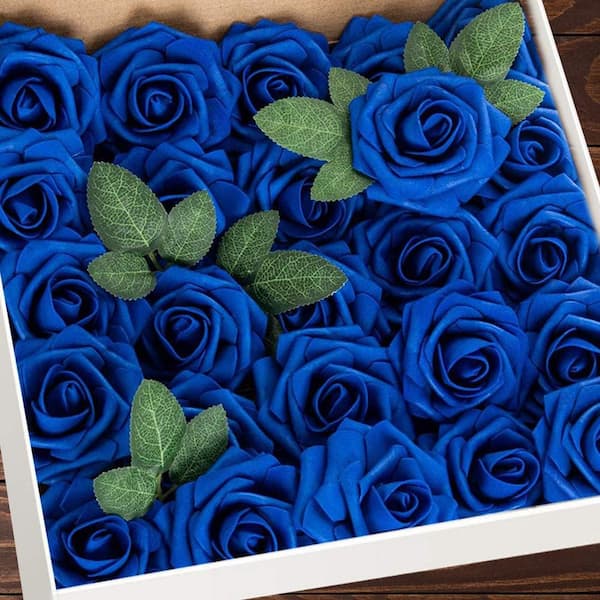 Afoxsos 3 in H 25 Pieces Royal Blue Artificial Roses with Stems for DIY ...