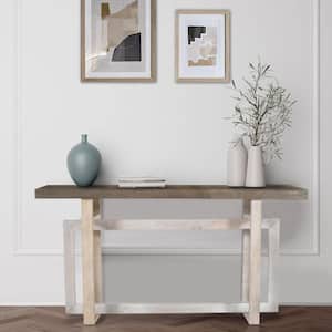59.4 in. Rustic Light Brown Rectangle Mango Wood Artisan Crafted Console Table with Geometric Interlocked Base