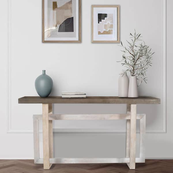 THE URBAN PORT 59.4 in. Rustic Light Brown Rectangle Mango Wood Artisan Crafted Console Table with Geometric Interlocked Base