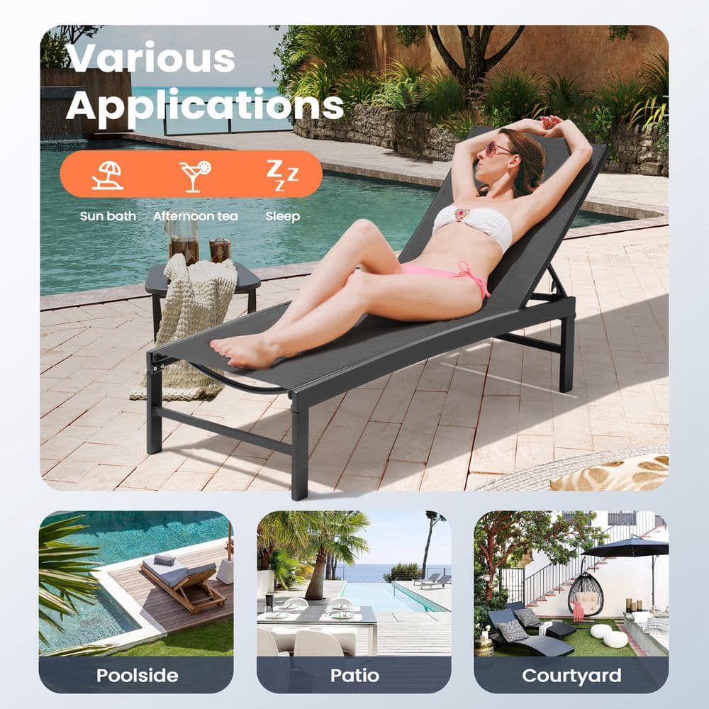 Black Adjustable Aluminum Outdoor Chaise Lounge Set with Wheels
