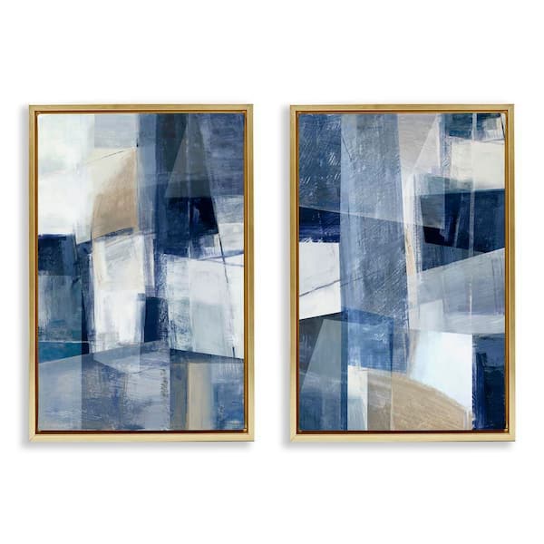 Stupell Industries Blue and Neutral Geometrics by Hannah Dawson 2-Pieces Gold Floater Frame Abstract Graphic Art Print 31 in. x 21 in.
