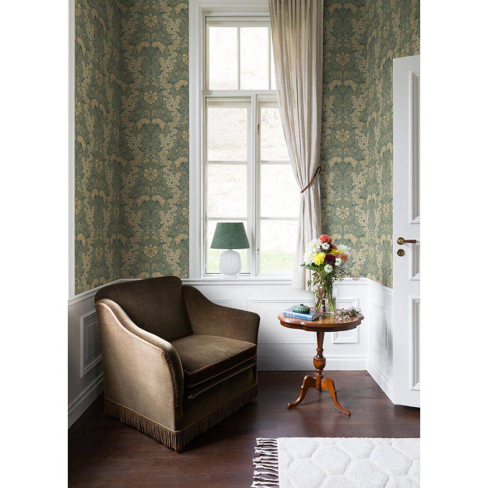 Ojvind Sea Green and Yellow Floral Damask Wallpaper Roll