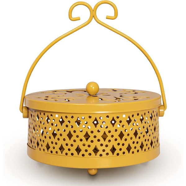 Yellow Steel Retro Mosquito Coil Holder with Lid for Home and Camping