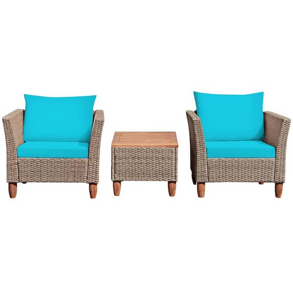 ANGELES HOME 3-Piece PE Wicker Outdoor Patio Conversation Sofa Set with Turquoise Cushions