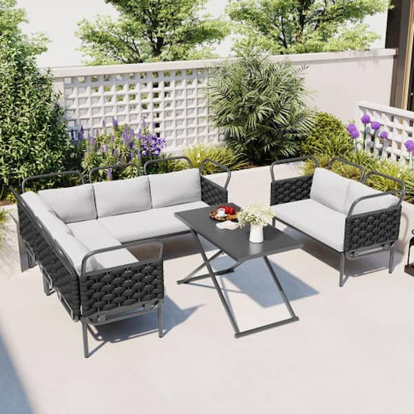 Woven Rope 5 Piece Metal Frame Water Resistant Outdoor Sectional Sofa Set in Black Gray with Glass Table and Cushions HDPH034OT009 The Home Depot