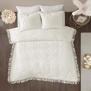 Virginia 3-Piece Off-White Cotton Tufted Chenille Medallion Fringe Full/Queen Coverlet Set