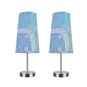 14-1/4 in. Satin Nickel Candlestick Table Lamp with Hardback Empire Lamp Shade in Blue/Green (2-Pack)