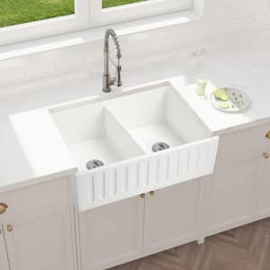 33 in. Farmhouse/Apron-Front Double Bowl Stripes Design Reversible Installation Fireclay Kitchen Sink