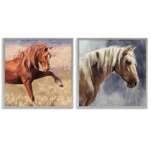 Stupell Industries Rustic Stallions Portraits by Nina Blue 2 Pieces Gray Framed Animal Giclee Art Print 24 in. x 24 in.