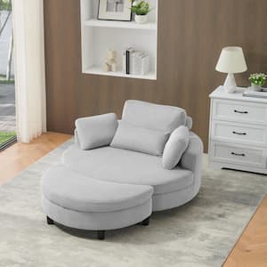 White Velvet Big Round Swivel Accent Barrel Chair with Storage Ottoman and Pillows