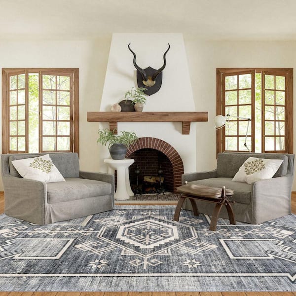 Sagebrush Geometric Machine Washable Gray 9 ft. x 12 ft. Indoor/Outdoor Patio Rug