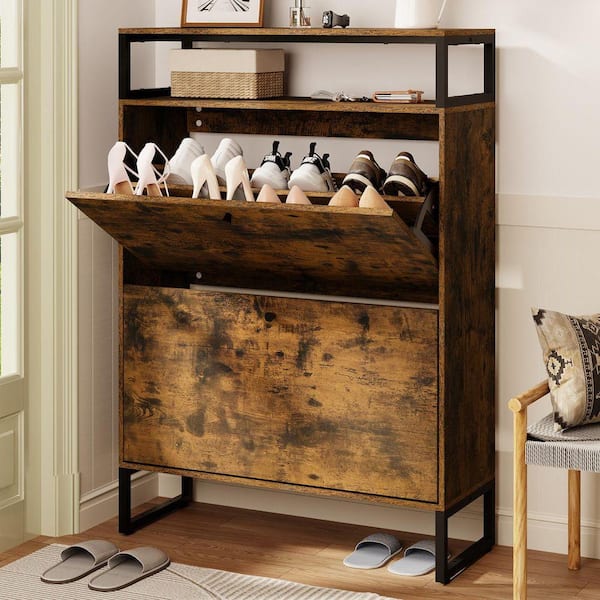 42 in. H x 31.5 in. W Rustic Brown Shoe Storage Cabinet with 2-Flip Drawers, 16-Pairs Shoe Cabinet for Entryway