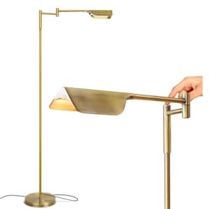 Leaf 53 in. Antique Brass Industrial 1-Light 3-Way Dimming LED Floor Lamp with Brass Metal Empire Shade